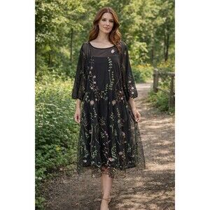 Women’s Black Sheer Mesh Embroidered Floral Midi Dress Boho Cottagecore 3/4...
